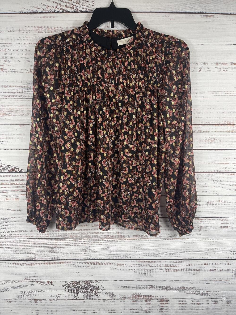 Loft Shirt Women's SZ L Black Floral Pleated Mock Neck Long Sleeve Blouse Lined
